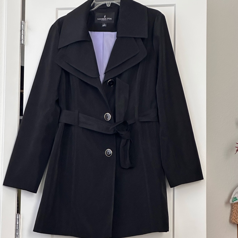London Fog Black trench coat with lavender lining,hood in size large.Length 36i